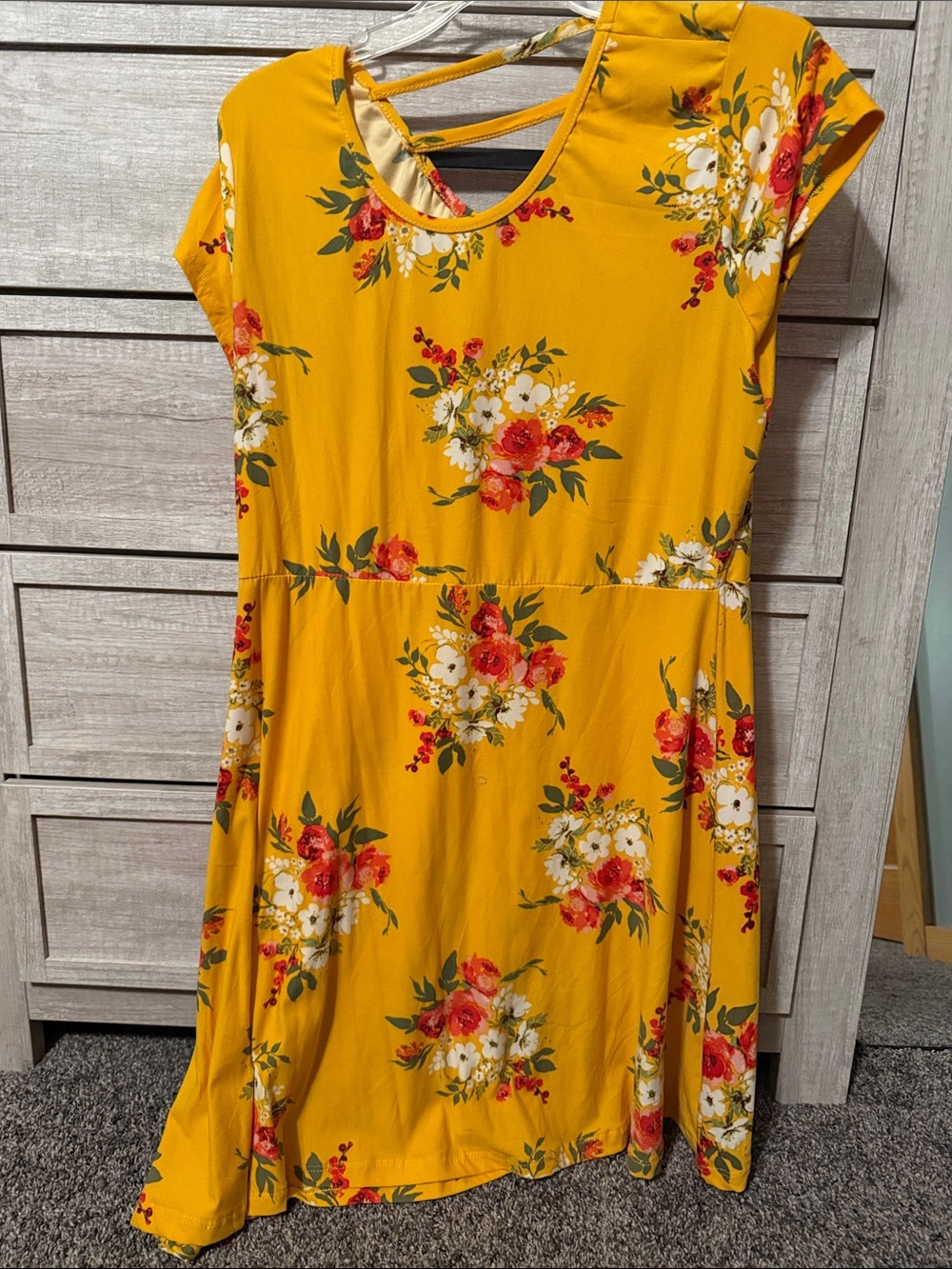 Bobbie Brooks Mustard Yellow Floral Midi Dress with Red Accents